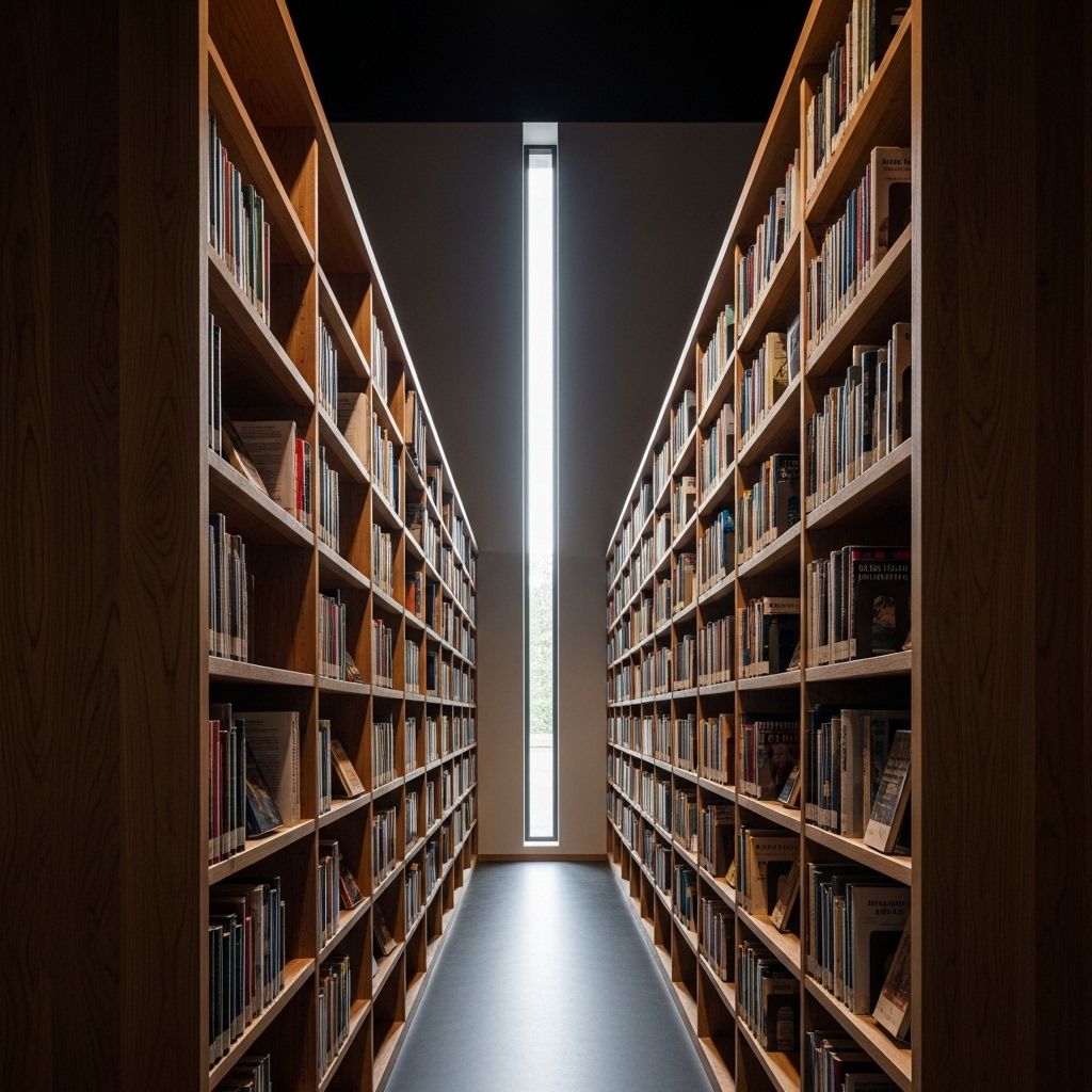 Wnętrze spokojnej, minimalistycznej biblioteki z długimi rzędami drewnianych półek pełnych książek, miękkim kierunkowym światłem przez wąskie okno, w stonowanych odcieniach ciepłego drewna i ciemnych barwach tła, bez ludzi