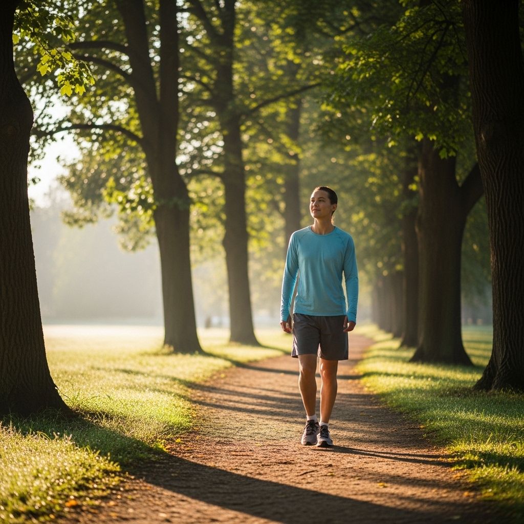 Pojedyncza osoba w sportowej odzieży spacerująca po parkowej ścieżce wśród wysokich drzew w delikatnym porannym świetle, bez znaków wysiłku, w atmosferze spokoju i uważności