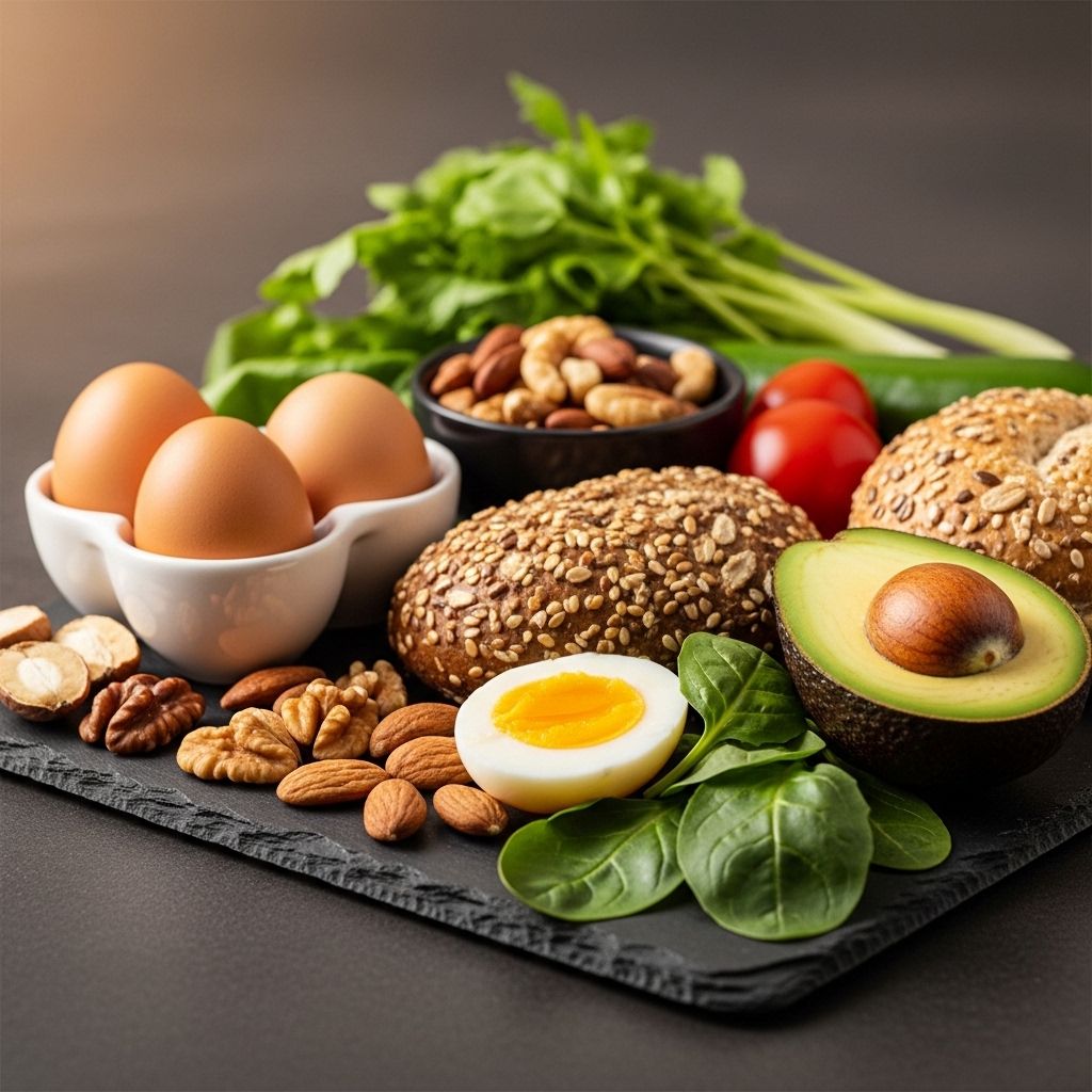 Różnorodne produkty spożywcze bogate w makroskładniki – jajka, orzechy, pełnoziarnisty chleb, awokado, świeże warzywa – ułożone elegancko na ciemnej łupkowej desce, w naturalnym bocznym oświetleniu o ciepłym tonie