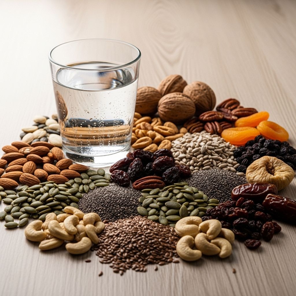 Szklanka wody i rozłożone na stole naturalne nasiona, orzechy i suszone owoce – naturalne źródła składników odżywczych – na jasnym drewnianym tle z miękkim rozproszonym światłem, stonowane ciepłe kolory, bez opakowań ani produktów
