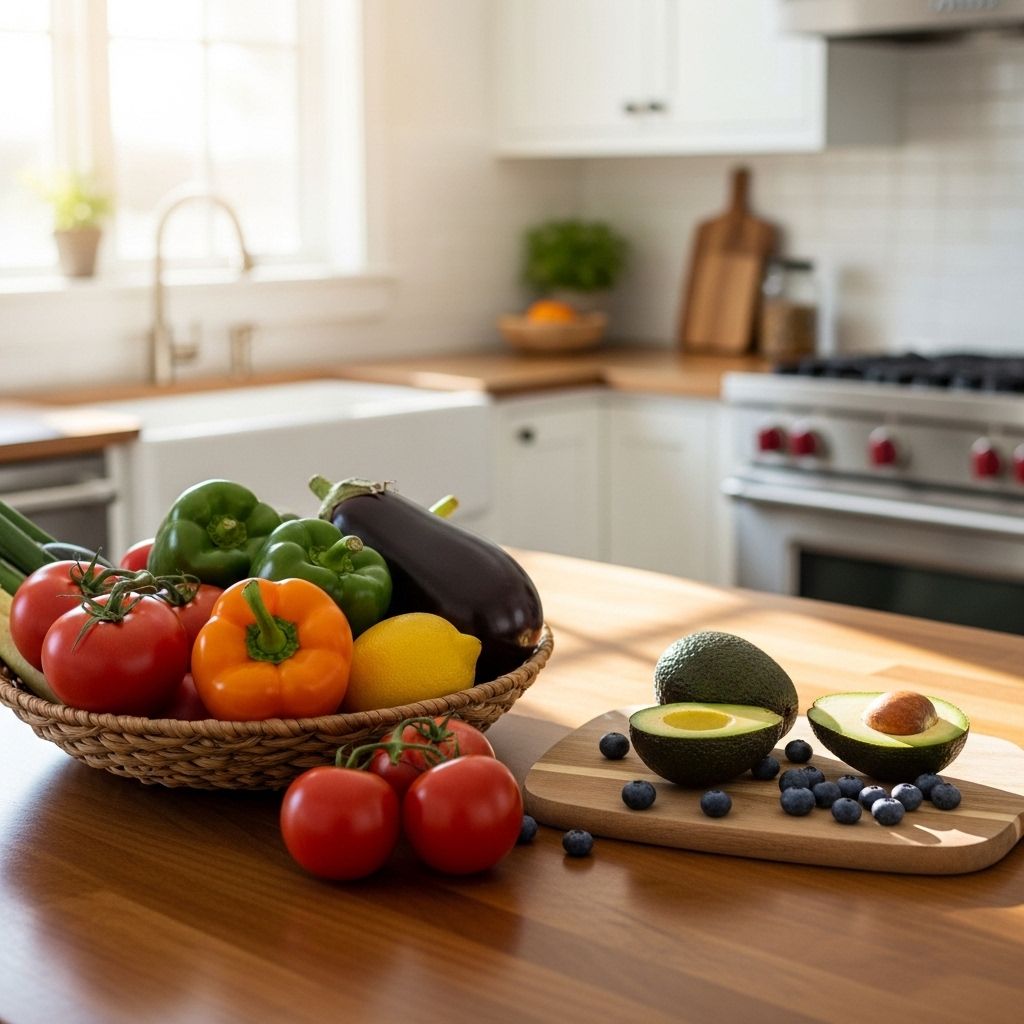Spokojna kuchenna przestrzeń z drewnianym blatem, świeżymi warzywami i owocami w naturalnym porannym świetle, wydobywającym głębię tekstur i kolorów zdrowego odżywiania