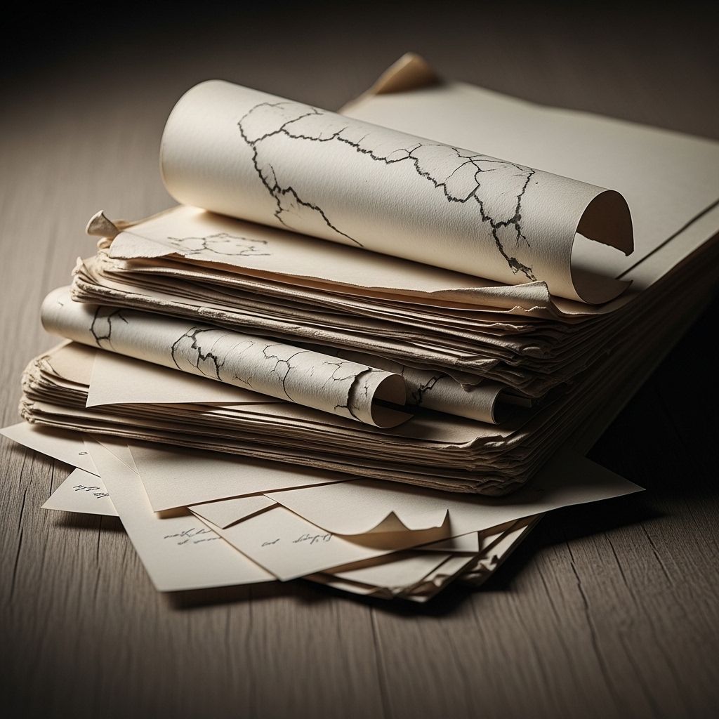 Sterta starych papierowych notatek i wyblakłych kartek z zapiskami na drewnianej powierzchni w stonowanym świetle, symbolizująca kontrast między starymi przekonaniami a współczesną wiedzą, bez tekstu, w neutralnych odcieniach sepii