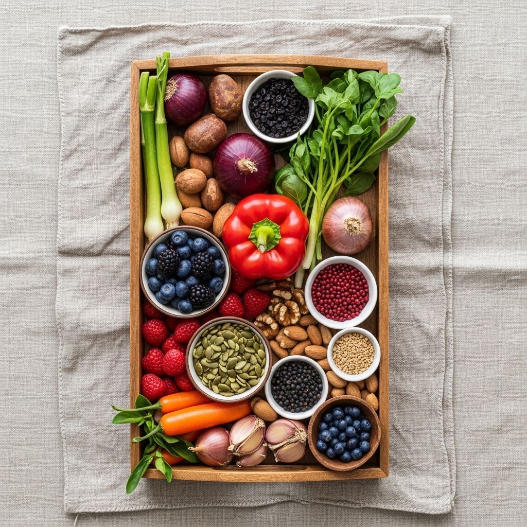 Drewniana taca z asortymentem świeżych warzyw liściastych, owoców jagodowych, orzechów i nasion rozłożonych estetycznie na surowym lnie, podkreślających autentyczność naturalnego odżywiania w stonowanych barwach ziemi i zieleni